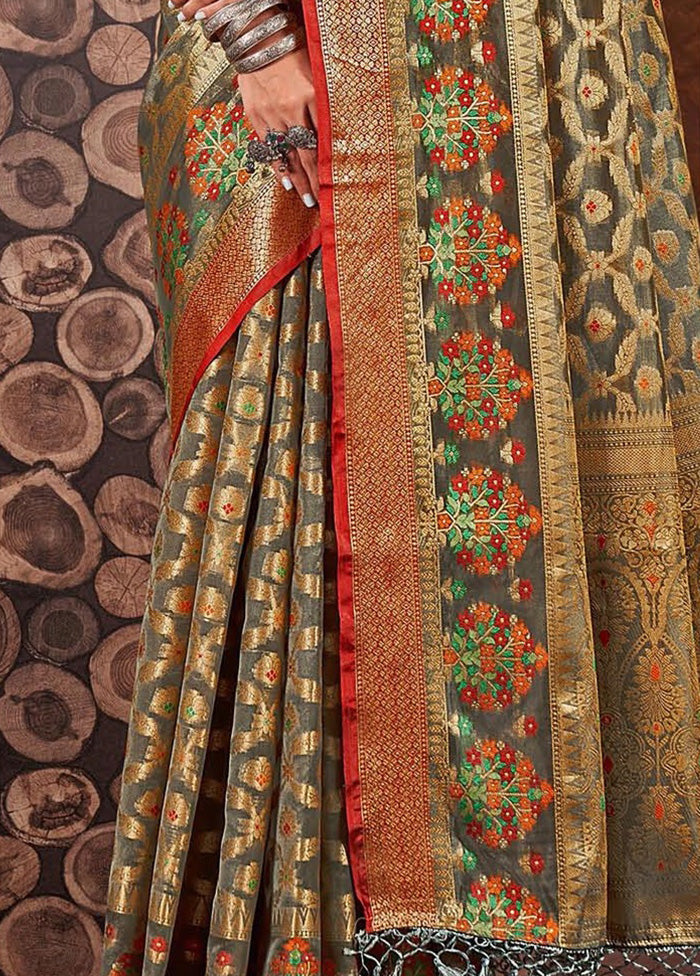 Grey Organza Saree With Blouse Piece - Indian Silk House Agencies