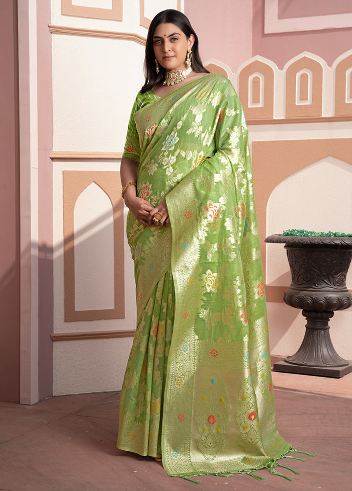 Green Spun Silk Saree With Blouse Piece