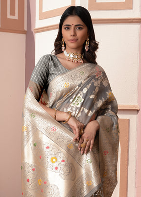 Grey Spun Silk Saree With Blouse Piece