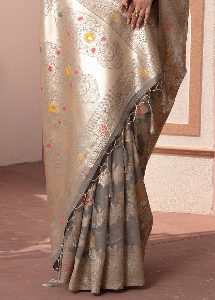 Grey Spun Silk Saree With Blouse Piece