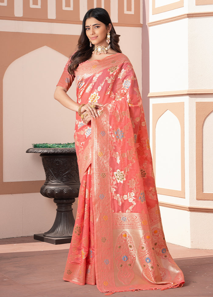 Peach Spun Silk Saree With Blouse Piece