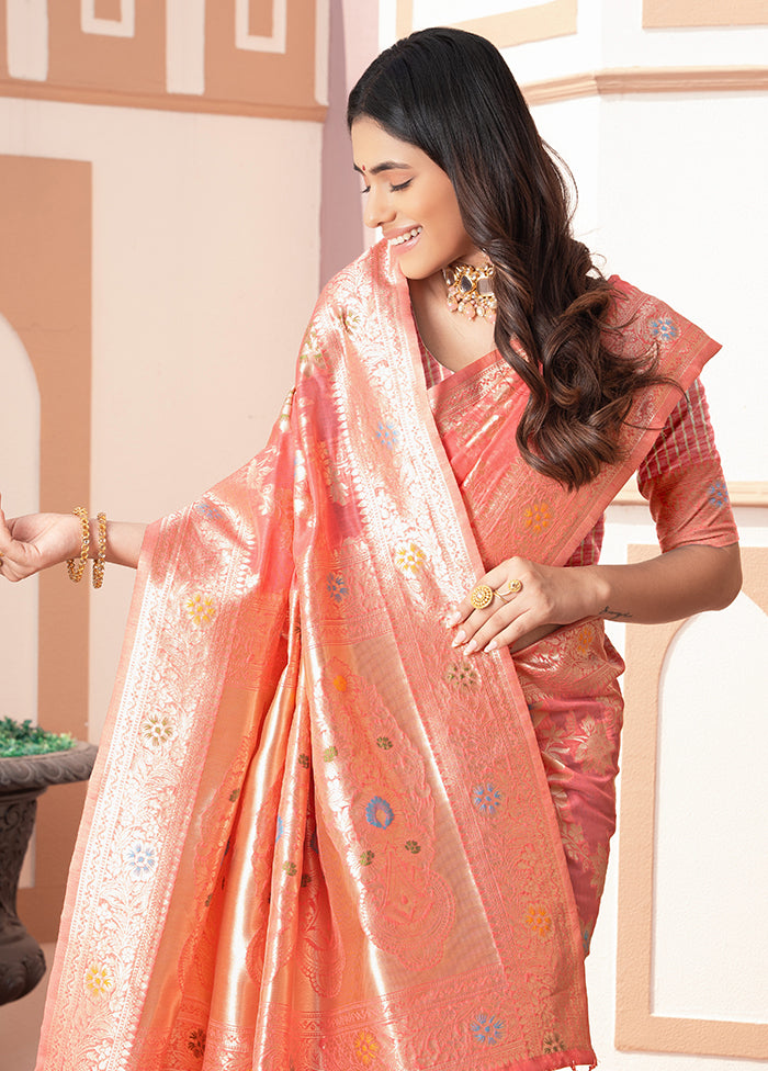 Peach Spun Silk Saree With Blouse Piece