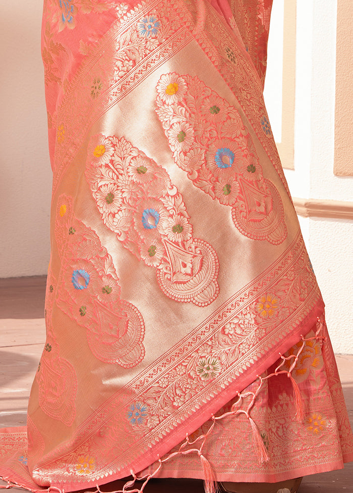 Peach Spun Silk Saree With Blouse Piece
