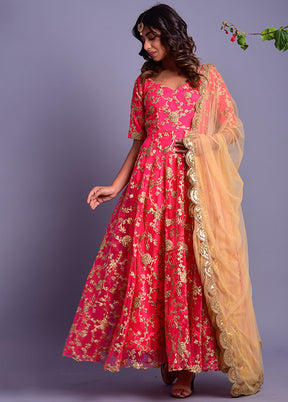 2 Pc Pink Net Anarkali With Dupatta VDRAN100040838 - Indian Silk House Agencies