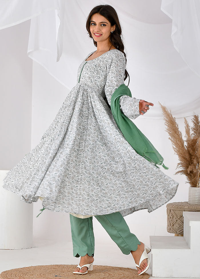 3 Pc White Cotton Printed Suit Set VDRAN12042038 - Indian Silk House Agencies