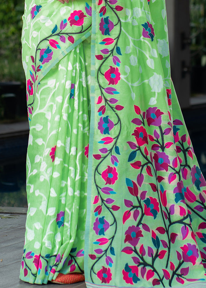 Green Cotton Saree With Blouse Piece - Indian Silk House Agencies