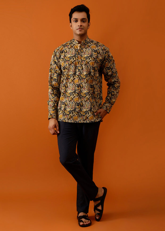 Dark Green Cotton Full Sleeves Mandarin Collar Short Kurta - Indian Silk House Agencies