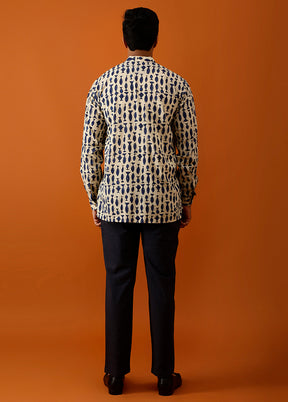 Beige Cotton Full Sleeves Mandarin Collar Short Kurta - Indian Silk House Agencies