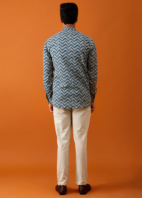 Blue Cotton Full Sleeves Mandarin Collar Short Kurta - Indian Silk House Agencies