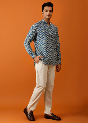 Blue Cotton Full Sleeves Mandarin Collar Short Kurta - Indian Silk House Agencies