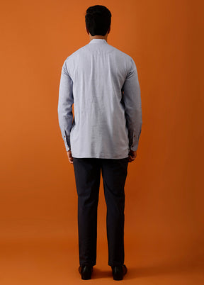 Blue Cotton Full Sleeves Mandarin Collar Short Kurta - Indian Silk House Agencies