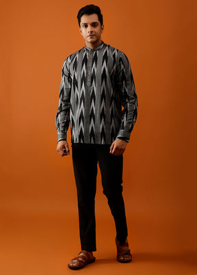 Black Cotton Full Sleeves Mandarin Collar Short Kurta - Indian Silk House Agencies