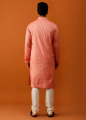 Orange Cotton Full Sleeves Mandarin Collar Long Kurta And Pajama Set - Indian Silk House Agencies