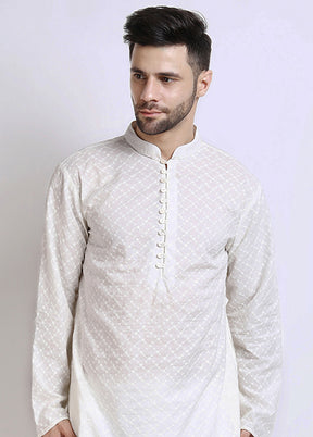 White Cotton Full Sleeves Mandarin Collar Mid Length Kurta - Indian Silk House Agencies