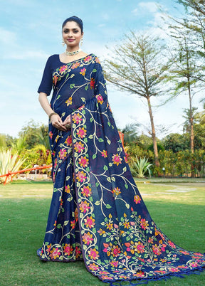 Navy Blue Tant Cotton Saree With Blouse Piece