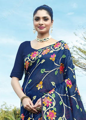 Navy Blue Tant Cotton Saree With Blouse Piece