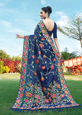 Navy Blue Tant Cotton Saree With Blouse Piece