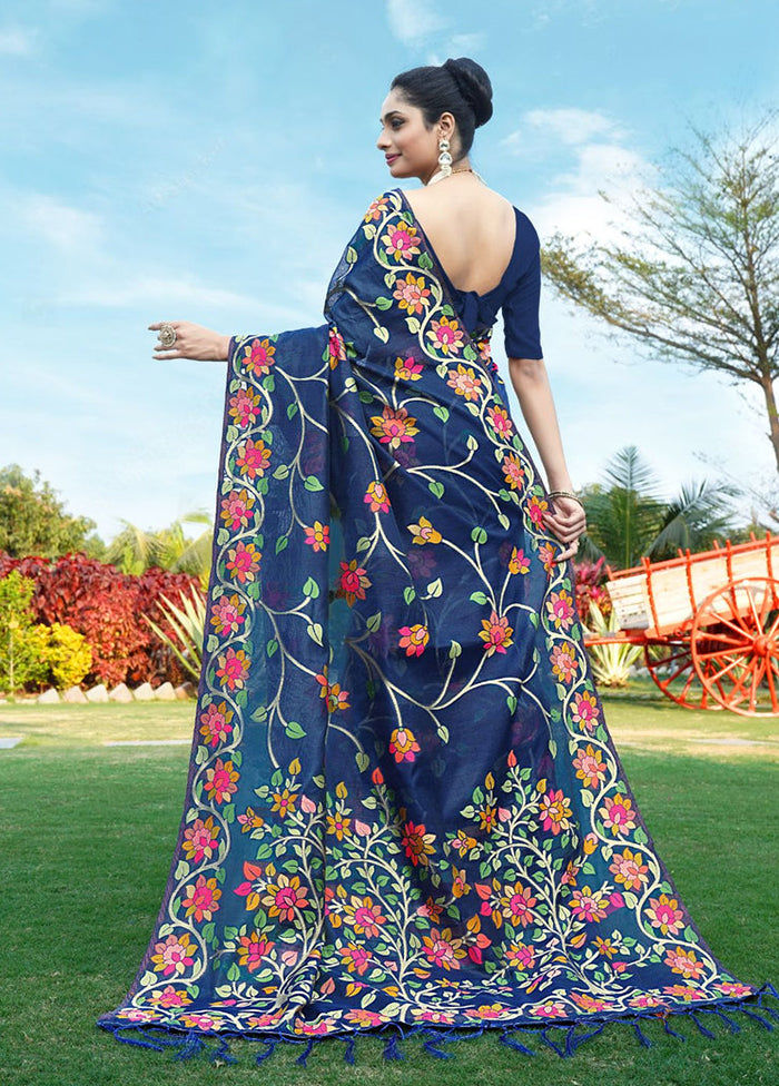 Navy Blue Tant Cotton Saree With Blouse Piece