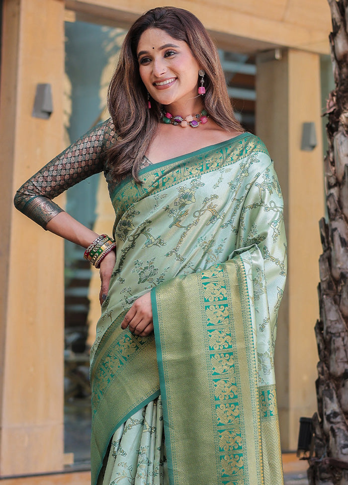 Pista Green Spun Silk Saree With Blouse Piece