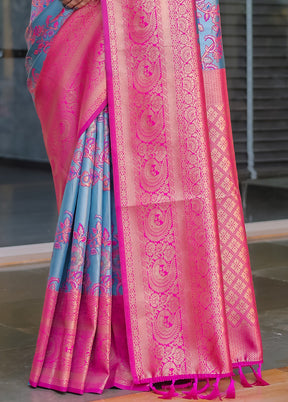 Blue Spun Silk Saree With Blouse Piece