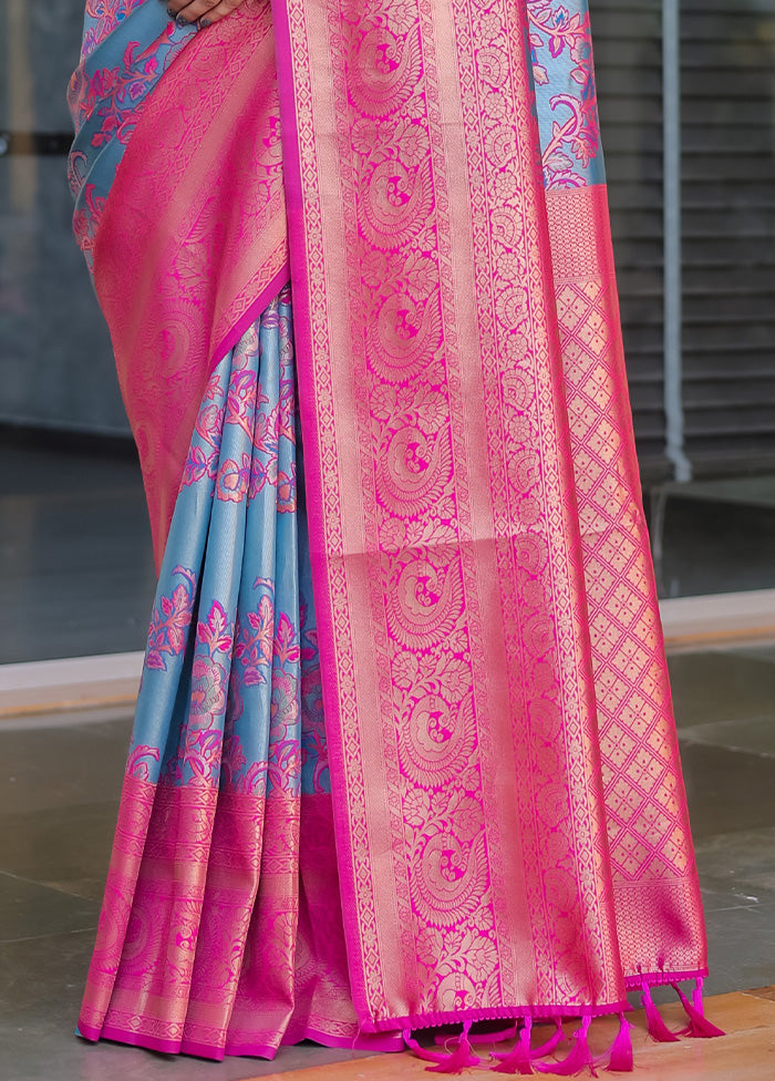 Blue Spun Silk Saree With Blouse Piece