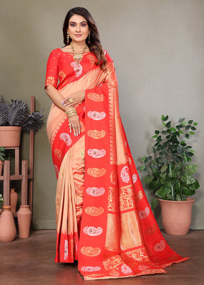 Peach Spun Silk Saree With Blouse Piece