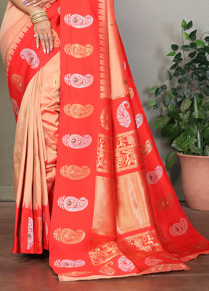 Peach Spun Silk Saree With Blouse Piece