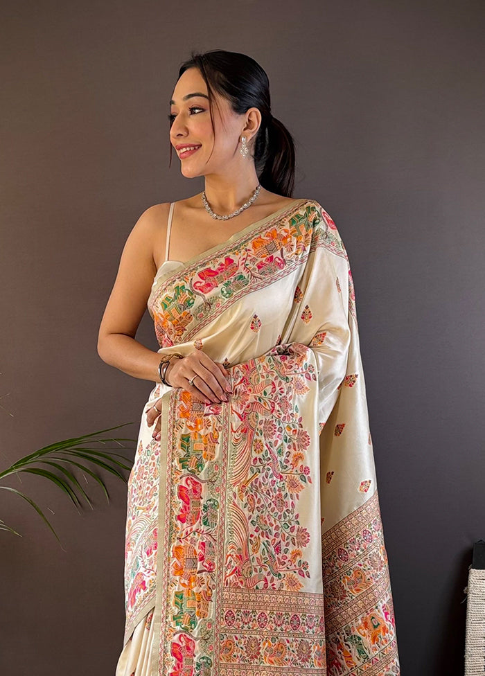 Cream Spun Silk Saree With Blouse Piece