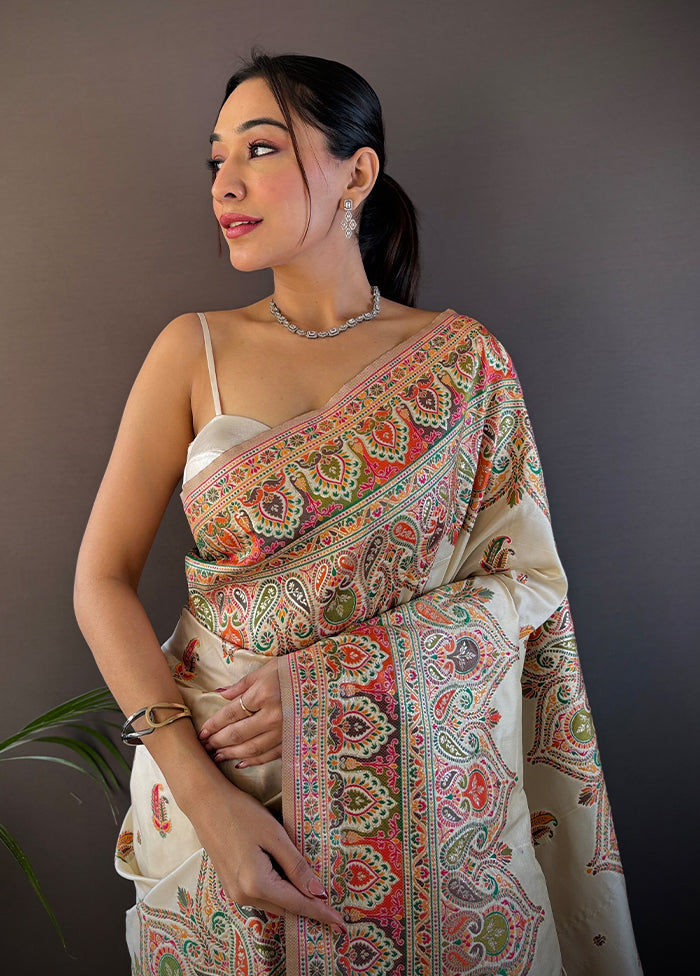 Cream Spun Silk Saree With Blouse Piece