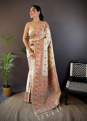 Cream Spun Silk Saree With Blouse Piece