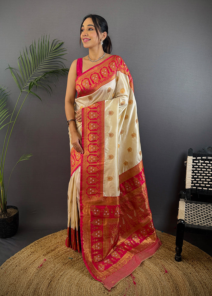 Cream Spun Silk Saree With Blouse Piece