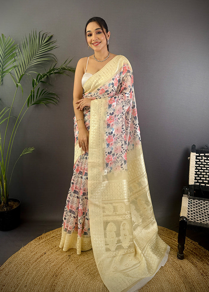 Cream Spun Silk Saree With Blouse Piece