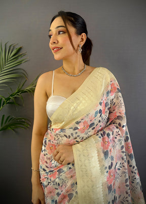 Cream Spun Silk Saree With Blouse Piece