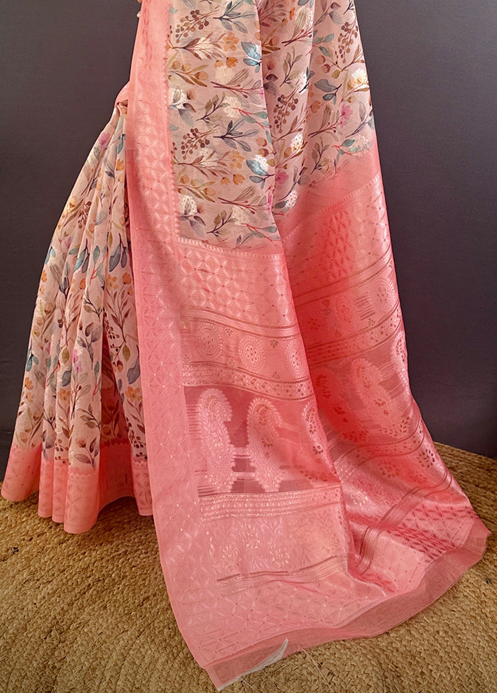 Peach Spun Silk Saree With Blouse Piece