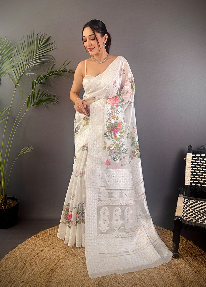 White Spun Silk Saree With Blouse Piece