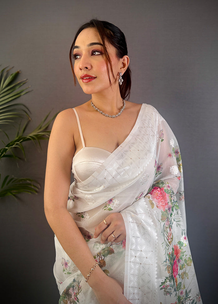 White Spun Silk Saree With Blouse Piece