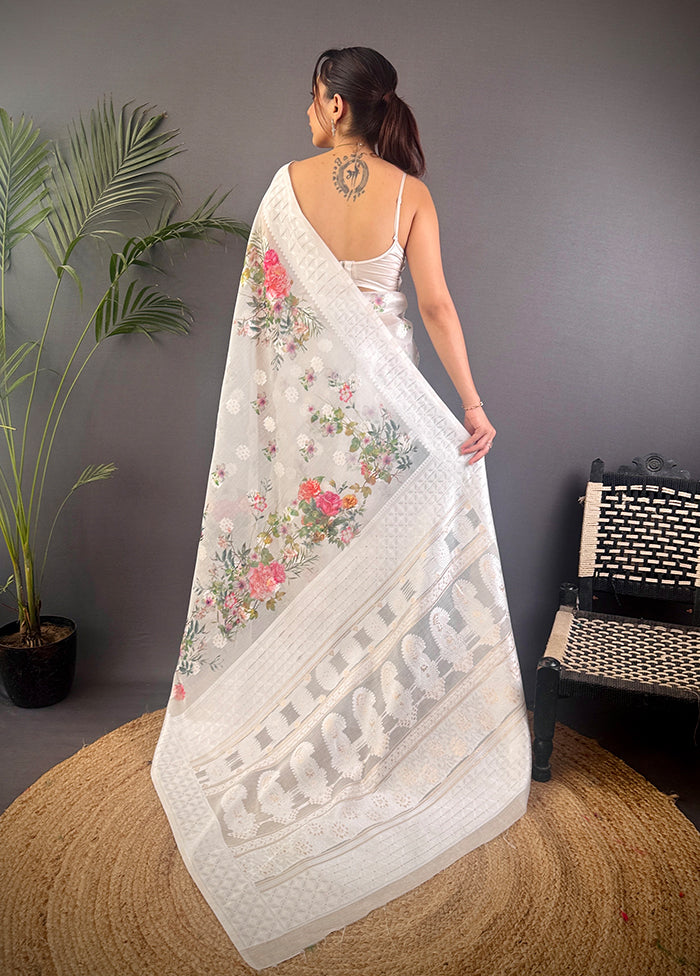 White Spun Silk Saree With Blouse Piece