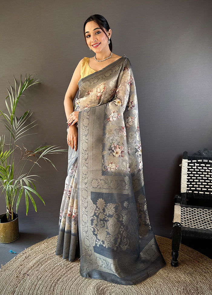 Grey Spun Silk Saree With Blouse Piece