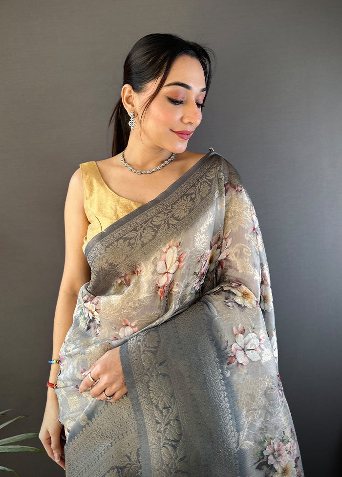 Grey Spun Silk Saree With Blouse Piece