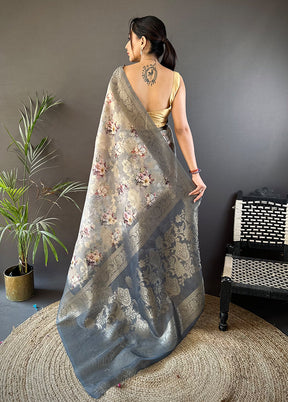 Grey Spun Silk Saree With Blouse Piece