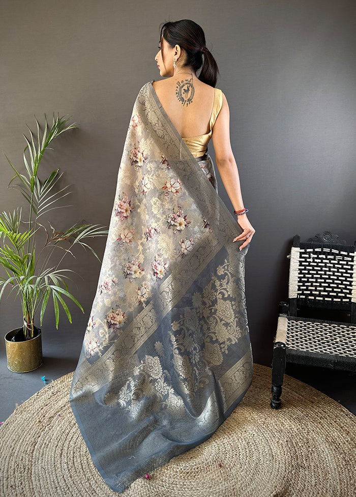 Grey Spun Silk Saree With Blouse Piece