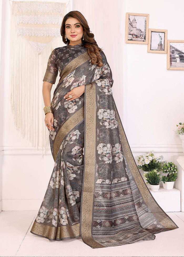 Grey Spun Silk Saree With Blouse Piece