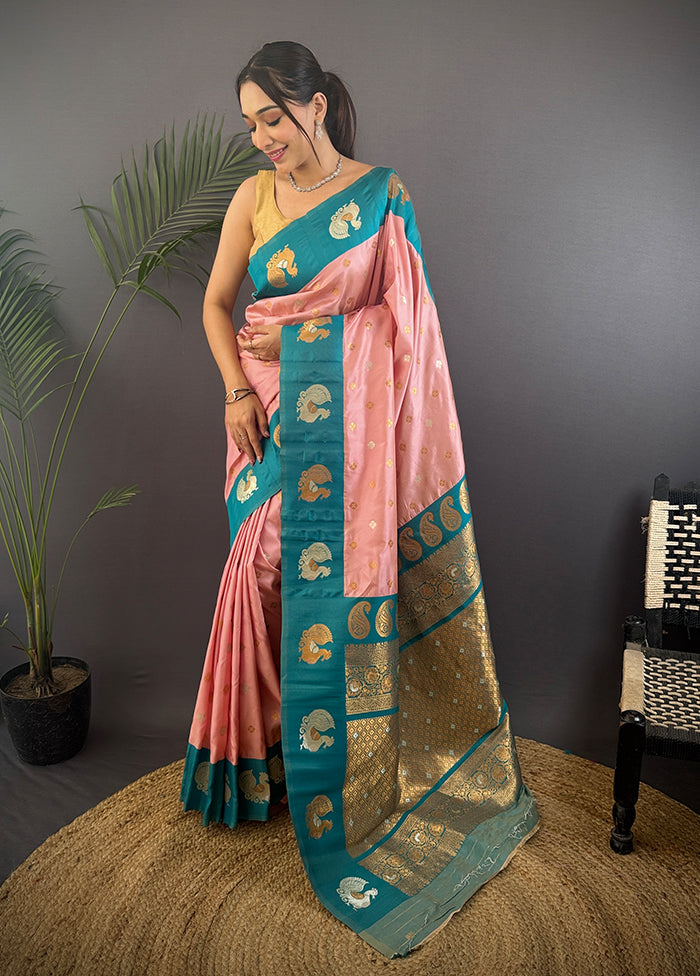 Peach Spun Silk Saree With Blouse Piece