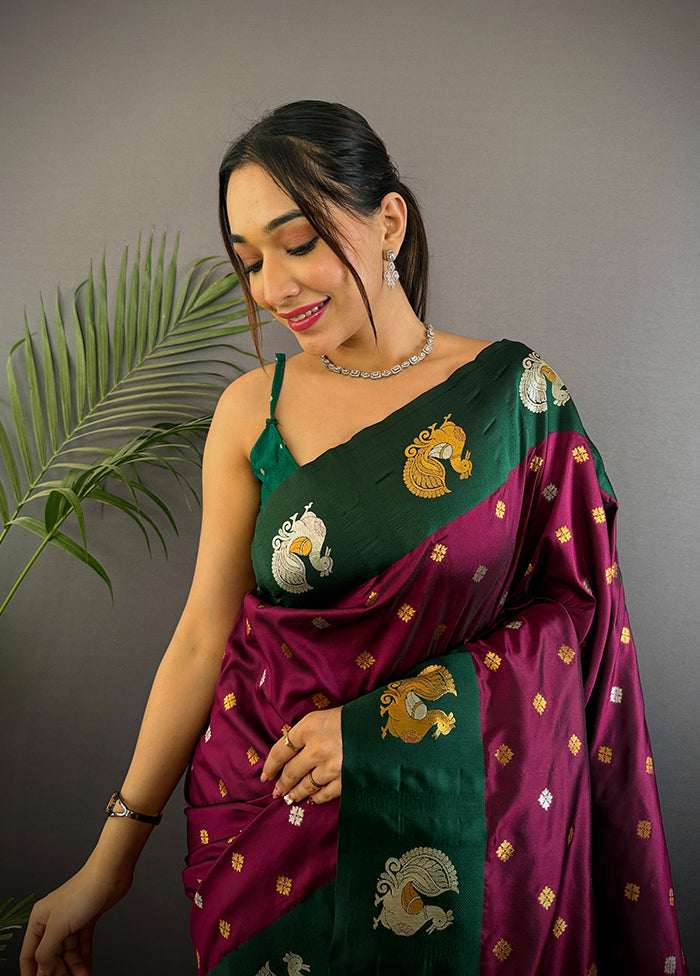 Wine Spun Silk Saree With Blouse Piece