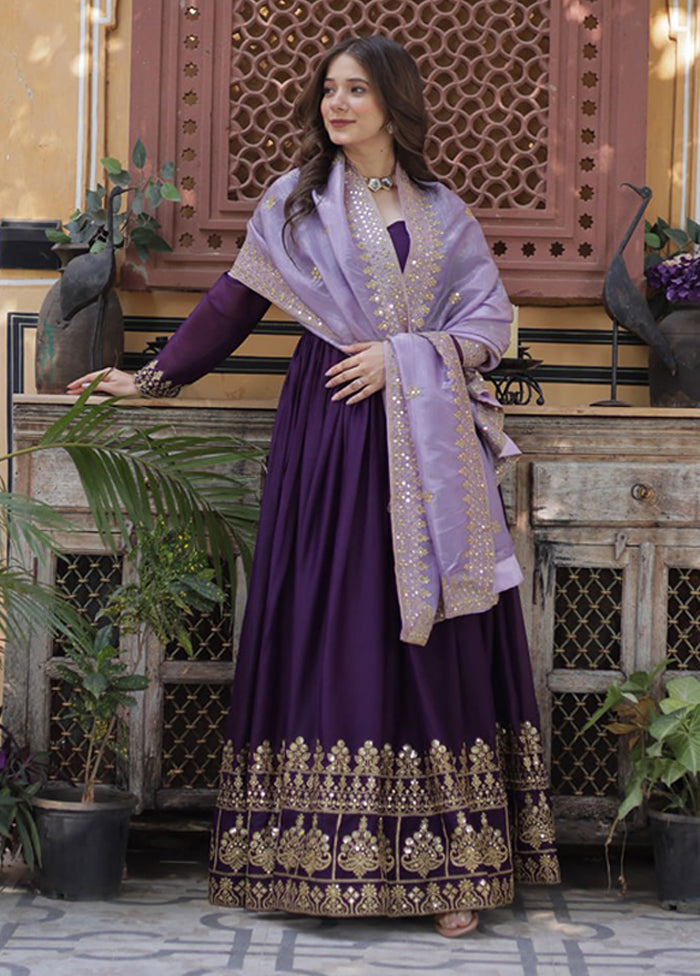 Wine Woven Work Georgette Gown With Dupatta