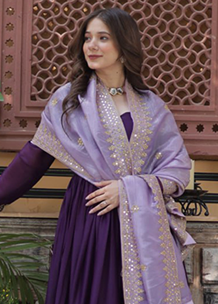 Wine Woven Work Georgette Gown With Dupatta