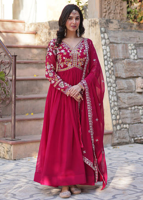 Maroon Woven Work Silk Gown With Dupatta