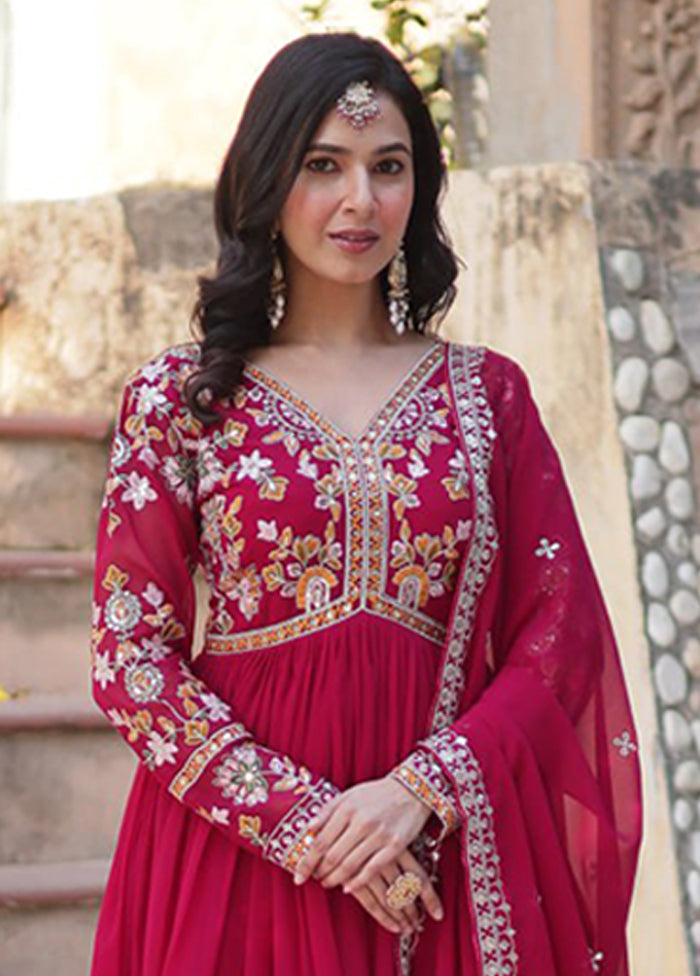 Maroon Woven Work Silk Gown With Dupatta
