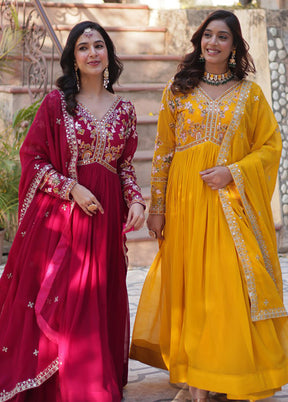 Maroon & Yellow Woven Work Silk Gown pack of 2 With 2 Dupattas