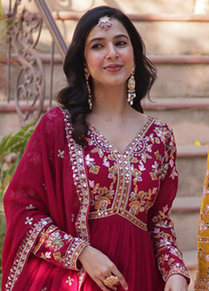 Maroon & Yellow Woven Work Silk Gown pack of 2 With 2 Dupattas